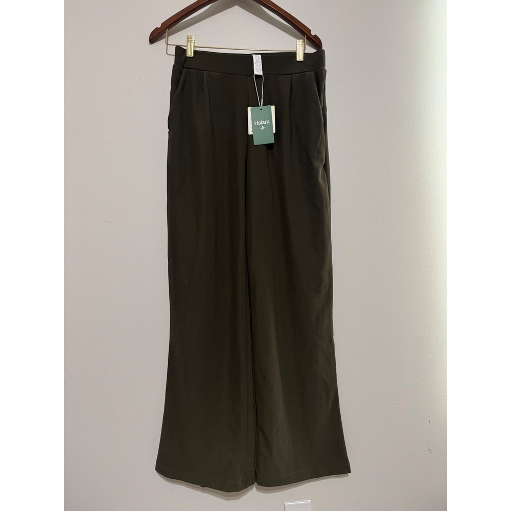Halara Womens High Waisted Wide Leg Pleated Pants Olive Green Size M Regular NWT